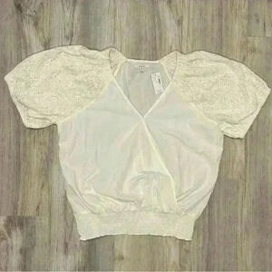 NWT Maurice’s Short Sleeve Eyelet Wrap Blouse Ivory Smocked Waist Cotton Size XL
